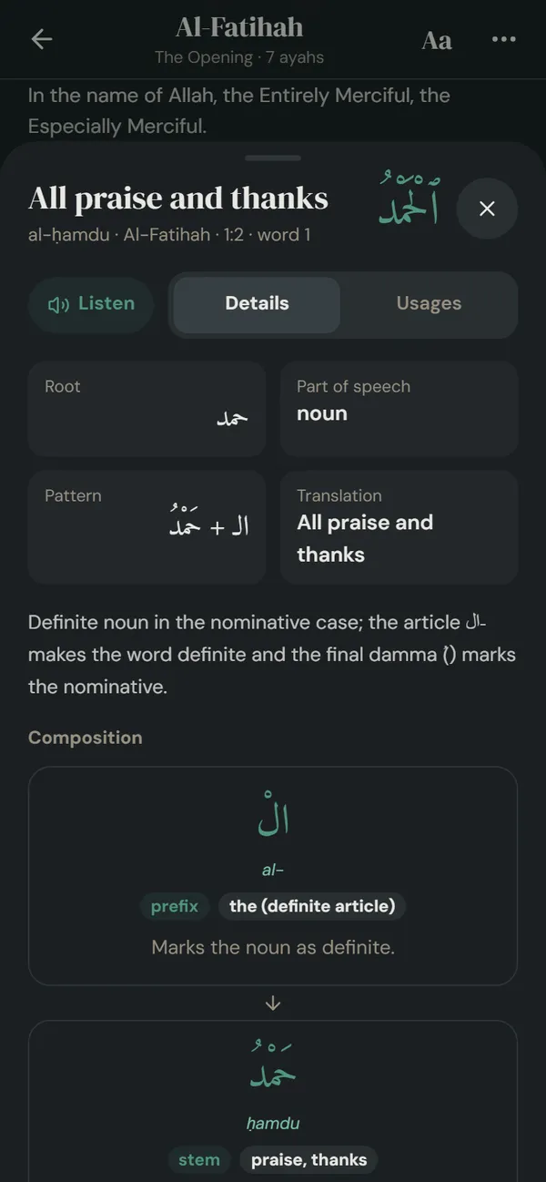 Murattal AI word insight in dark mode: the root, part of speech, pattern and composition of the word al-hamdu